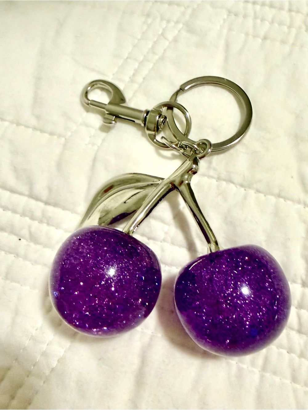 Purple Glitter Large Cherry Keychain - Women Accessories NWOT